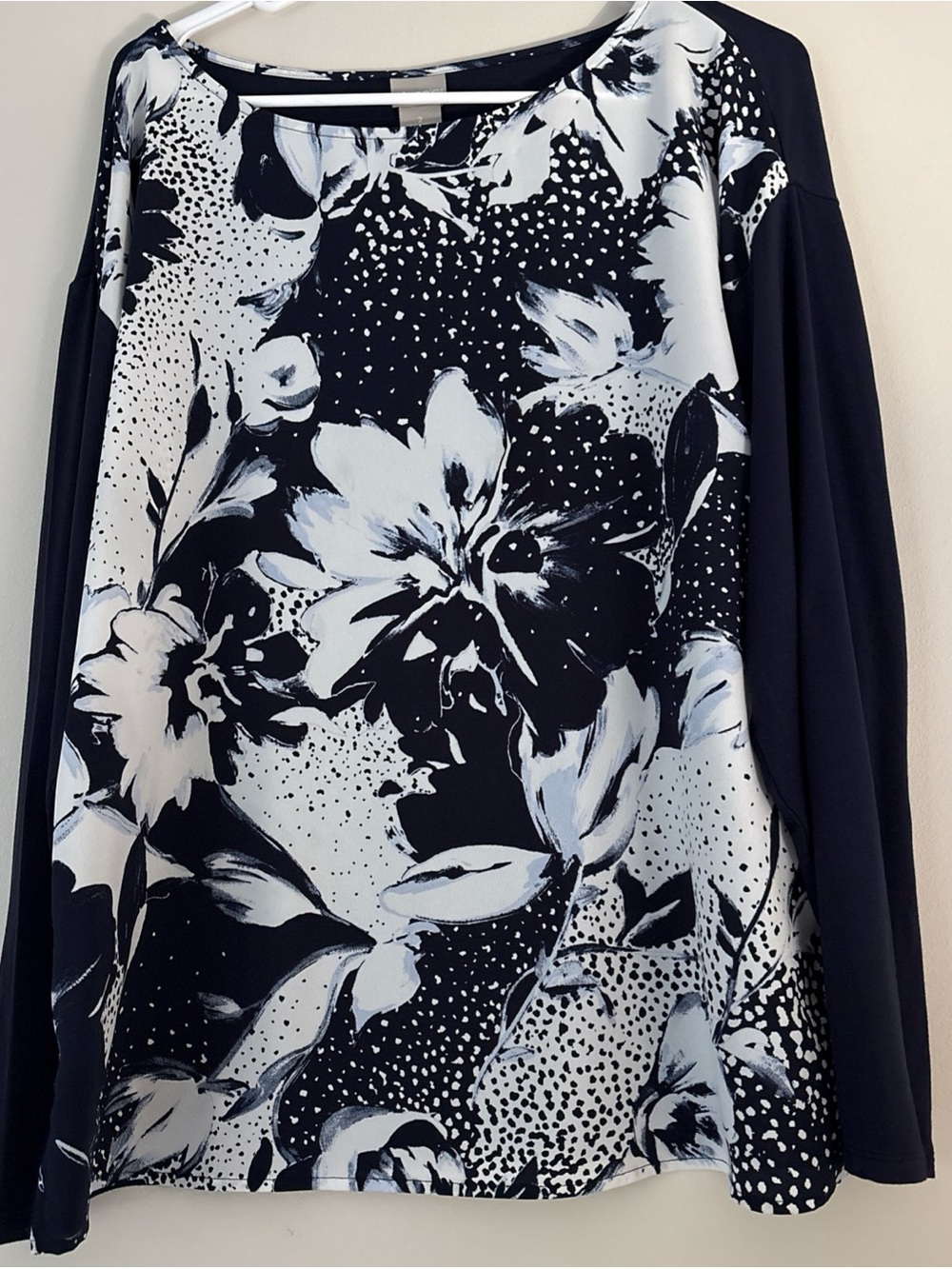 Chico's Navy and White Floral Long Sleeve Top